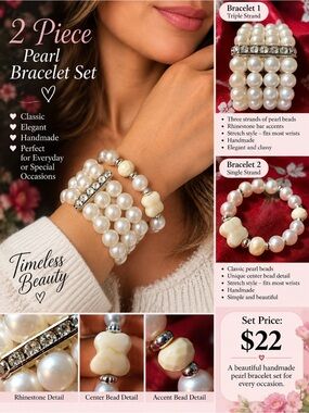 Handmade Pearl Bracelet Set - Cream Pearl 2-Piece